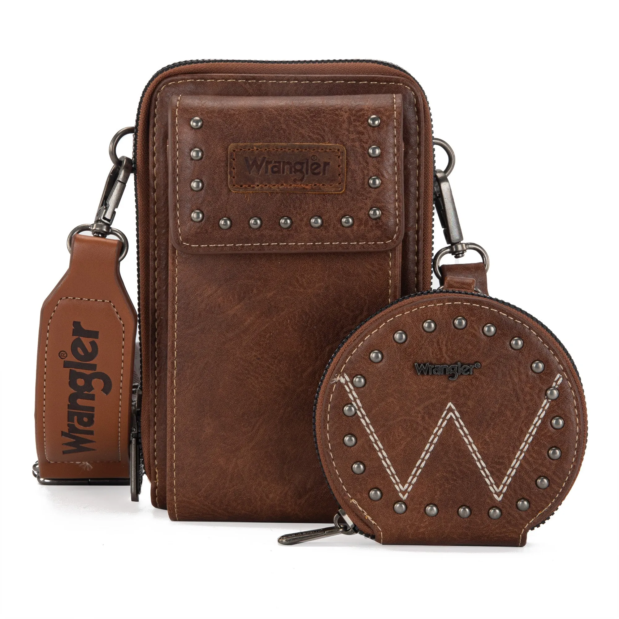 WG48S-270 Wrangler Crossbody Cell Phone Purse 2 Zippered Compartment with Coin Pouch -Dark Brown