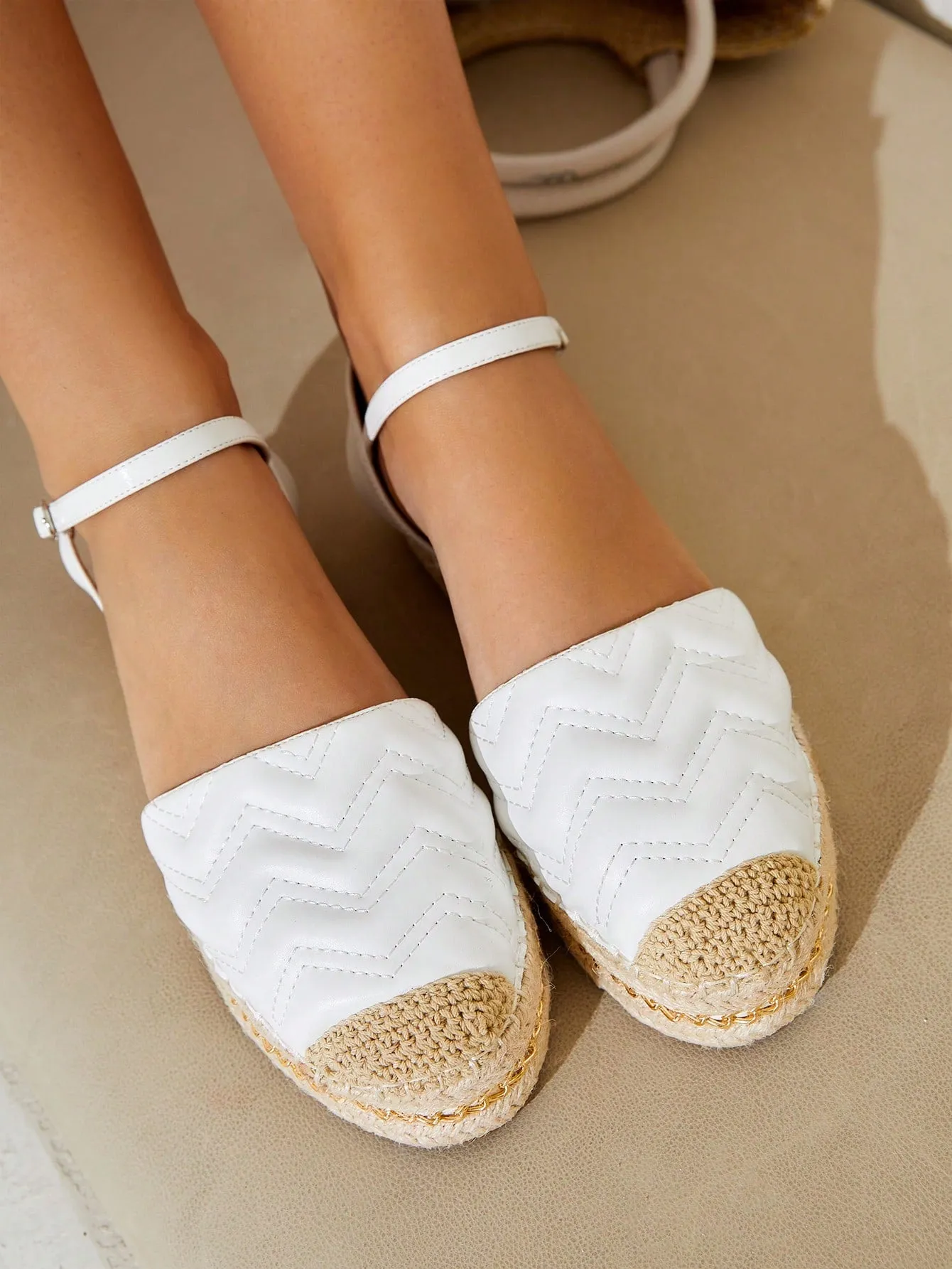 Woman Shoes Top-Stitching Design Ankle Strap Flats, Vacation White Espadrille Flats For Spring And Summer