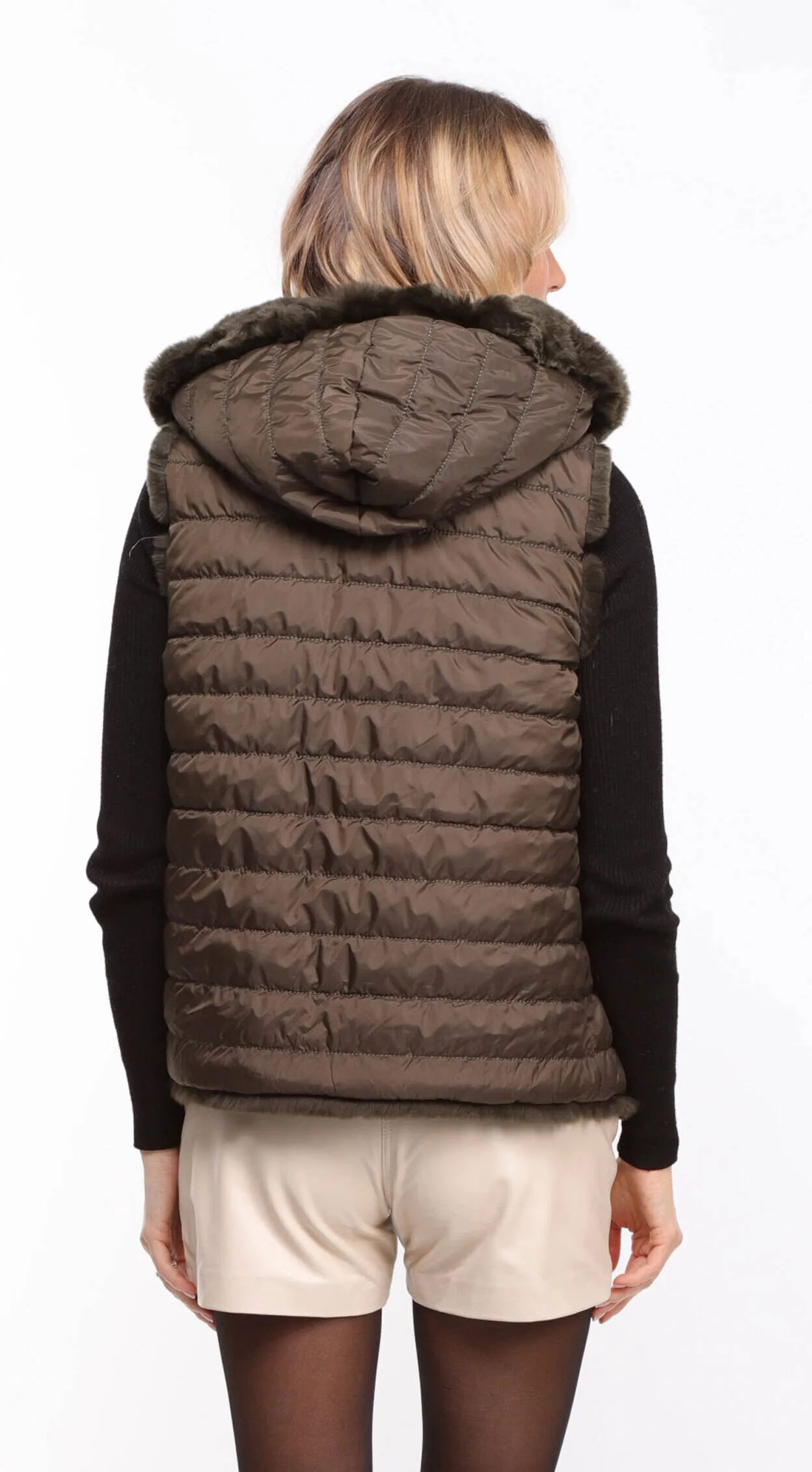 Women's khaki \rexe\ reversible hooded rabbit vest