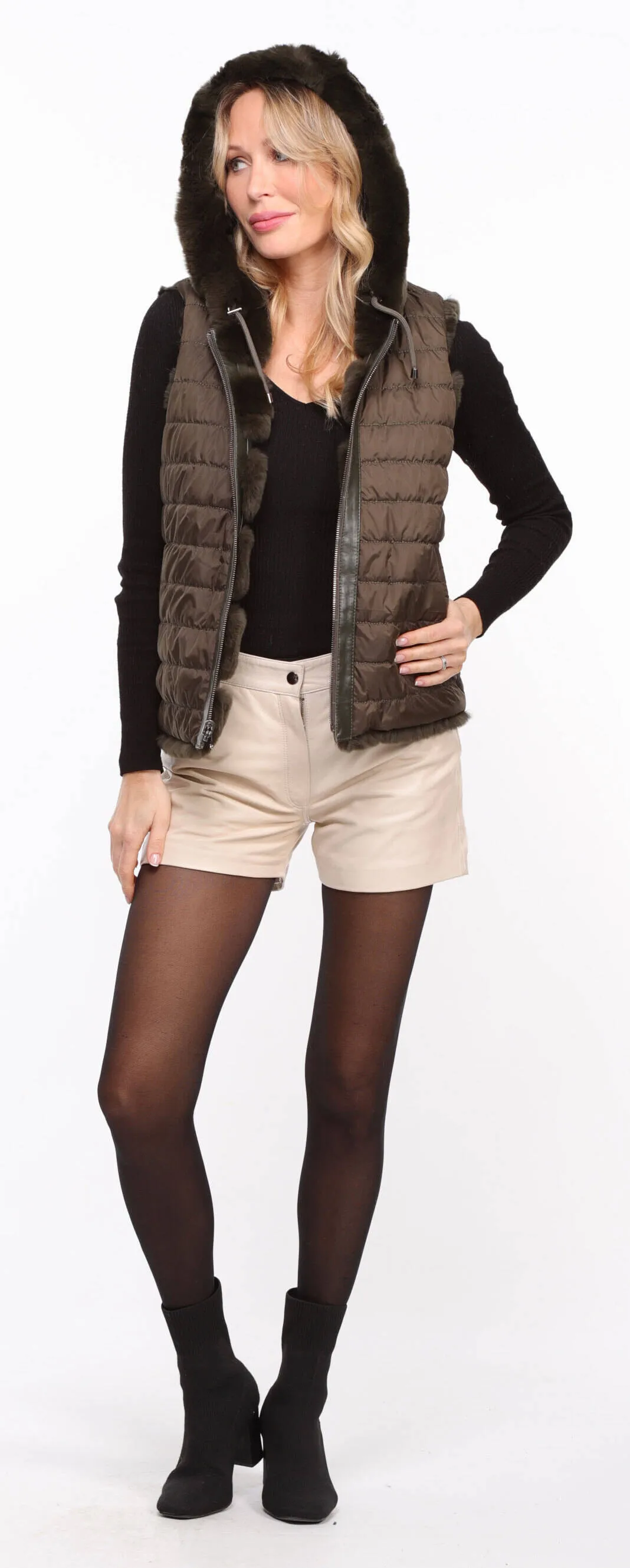 Women's khaki \rexe\ reversible hooded rabbit vest