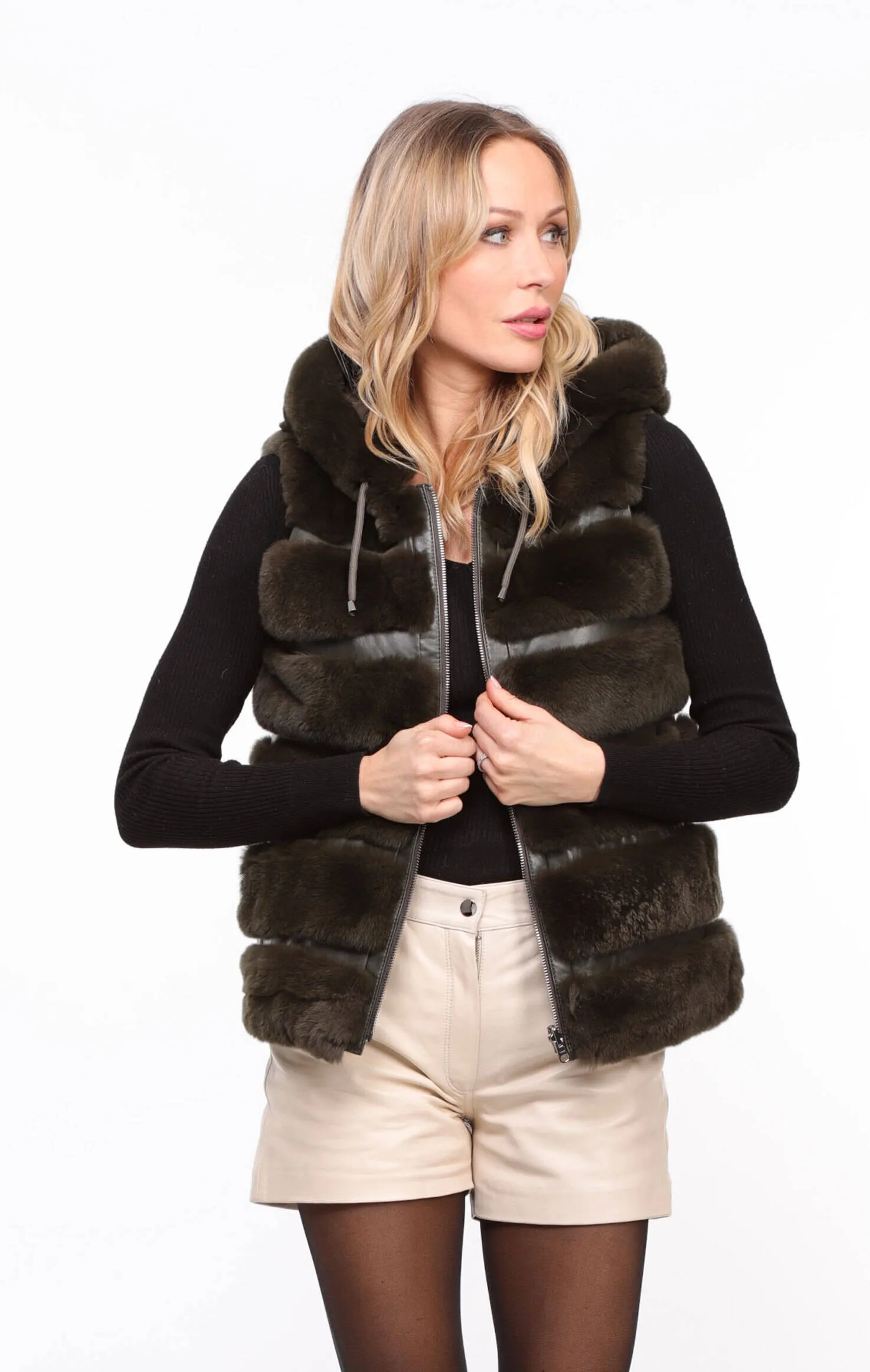 Women's khaki \rexe\ reversible hooded rabbit vest